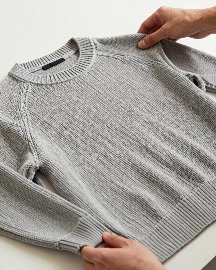 Gros plan sur les détails d'un pull en maille côtelée, mains posant délicatement le tissu sur une surface claire, lumièr