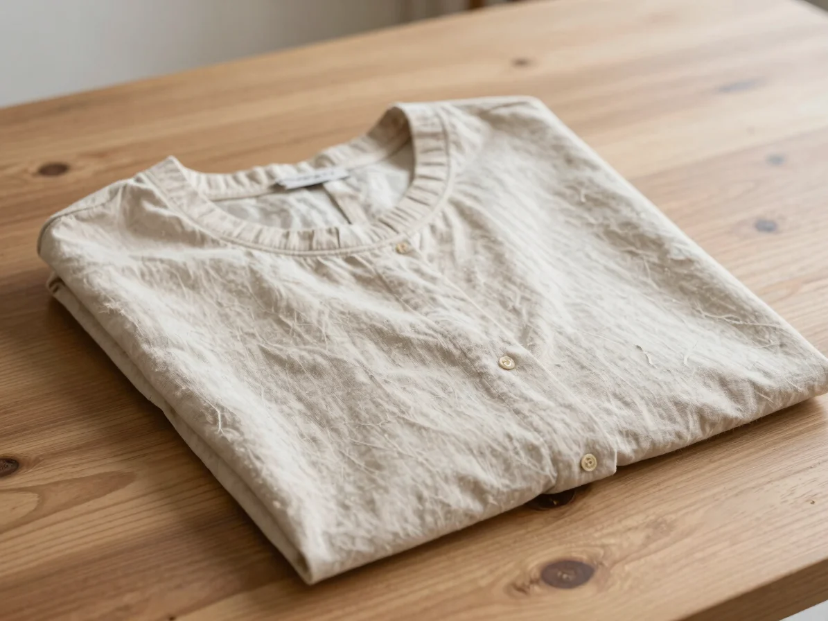 Vêtement en lin beige plié sur une table en bois clair, lumière naturelle douce venant de la gauche, cadrage net en vue