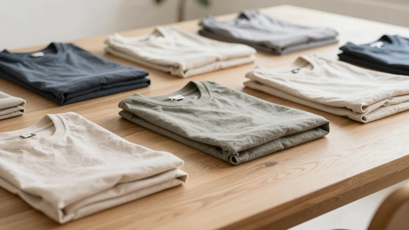 Gros plan éditorial de hauts pliés sur une table en bois clair, lumière douce et naturelle, textures de tissu nettes, to