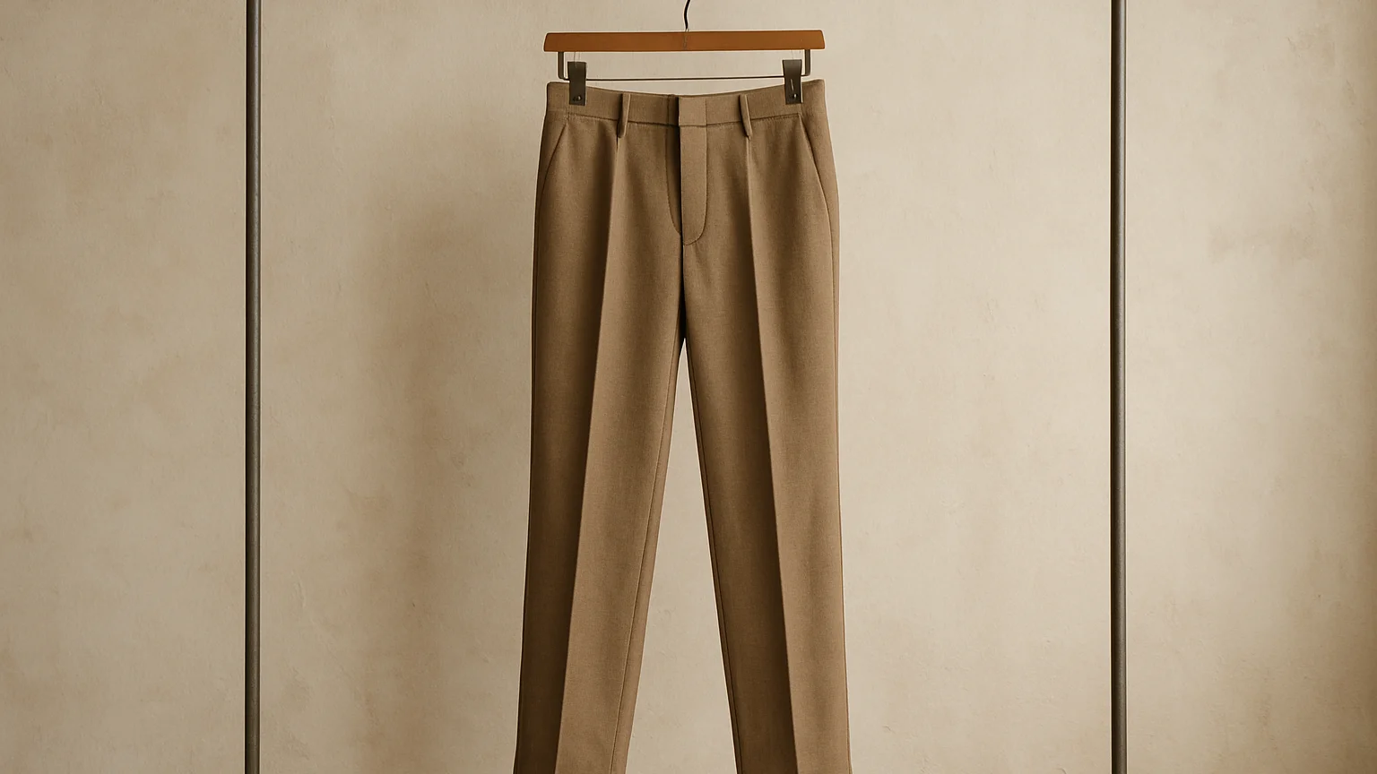 Vue complète d'un pantalon droit suspendu sur un portant, lumière naturelle douce, couleurs sobres, couture et tombé vis
