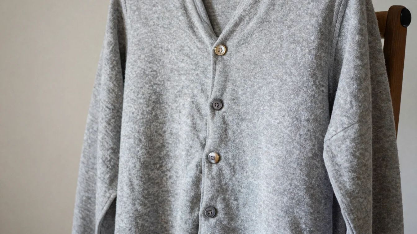 Veste posée sur un dossier de chaise dans un intérieur sobre, lumière naturelle, détails de col et de boutons nets.